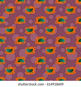 Cup of coffee or tea with dots on background seamless pattern.