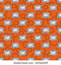 Cup of coffee or tea with dots on background seamless pattern.