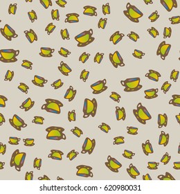 Cup of coffee or tea with dots on background seamless pattern.