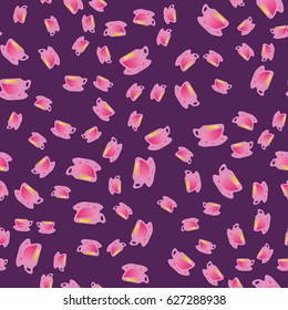 Cup of coffee or tea with dots on background seamless pattern.