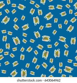 Cup of coffee or tea with dots on background seamless pattern.