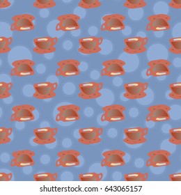 Cup of coffee or tea with dots on background seamless pattern.