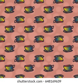 Cup of coffee or tea with dots on background seamless pattern.