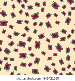 Cup of coffee or tea with dots on background seamless pattern.