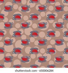 Cup of coffee or tea with dots on background seamless pattern.