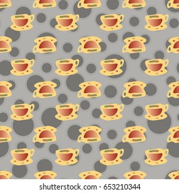 Cup of coffee or tea with dots on background seamless pattern.