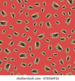 Cup of coffee or tea with dots on background seamless pattern.