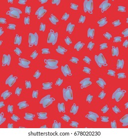 Cup of coffee or tea with dots on background seamless pattern.