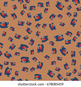 Cup of coffee or tea with dots on background seamless pattern.
