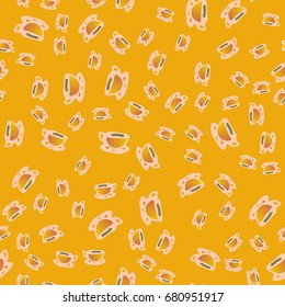Cup of coffee or tea with dots on background seamless pattern.