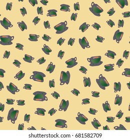 Cup of coffee or tea with dots on background seamless pattern.