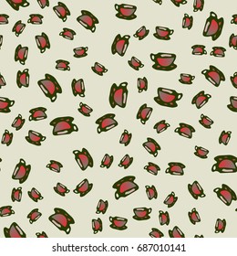 Cup of coffee or tea with dots on background seamless pattern.