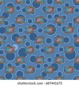 Cup of coffee or tea with dots on background seamless pattern.