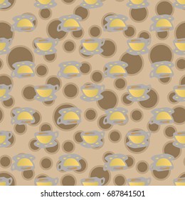 Cup of coffee or tea with dots on background seamless pattern.