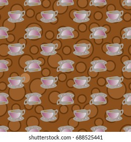 Cup of coffee or tea with dots on background seamless pattern.