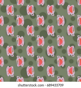 Cup of coffee or tea with dots on background seamless pattern.