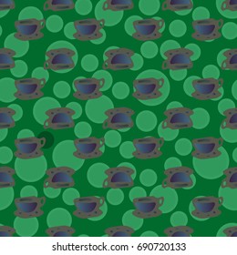 Cup of coffee or tea with dots on background seamless pattern.