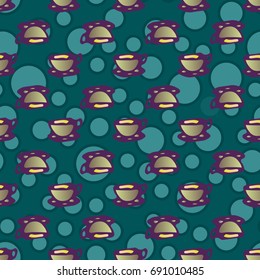 Cup of coffee or tea with dots on background seamless pattern.