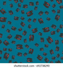 Cup of coffee or tea with dots on background seamless pattern.