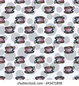 Cup of coffee or tea with dots on background seamless pattern.
