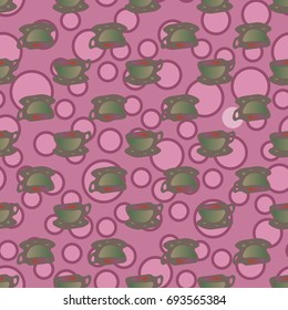 Cup of coffee or tea with dots on background seamless pattern.