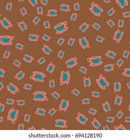 Cup of coffee or tea with dots on background seamless pattern.