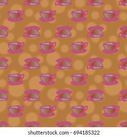 Cup of coffee or tea with dots on background seamless pattern.