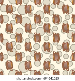 Cup of coffee or tea with dots on background seamless pattern.