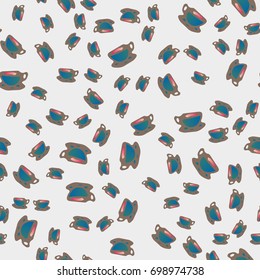 Cup of coffee or tea with dots on background seamless pattern.