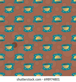 Cup of coffee or tea with dots on background seamless pattern.
