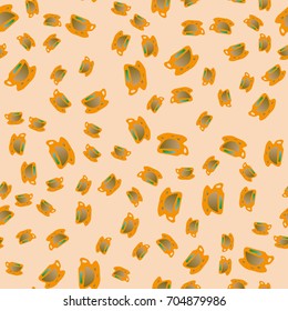 Cup of coffee or tea with dots on background seamless pattern.