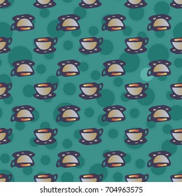 Cup of coffee or tea with dots on background seamless pattern.
