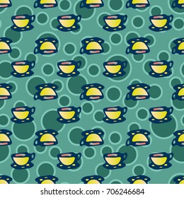 Cup of coffee or tea with dots on background seamless pattern.