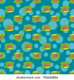 Cup of coffee or tea with dots on background seamless pattern.