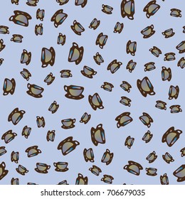 Cup of coffee or tea with dots on background seamless pattern.