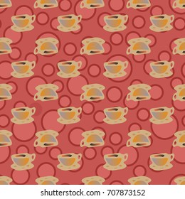 Cup of coffee or tea with dots on background seamless pattern.