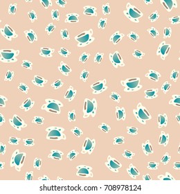 Cup of coffee or tea with dots on background seamless pattern.