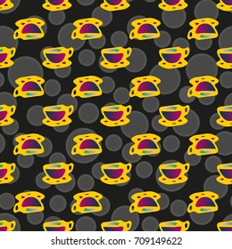 Cup of coffee or tea with dots on background seamless pattern.