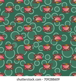Cup of coffee or tea with dots on background seamless pattern.