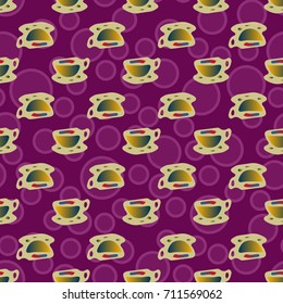 Cup of coffee or tea with dots on background seamless pattern.