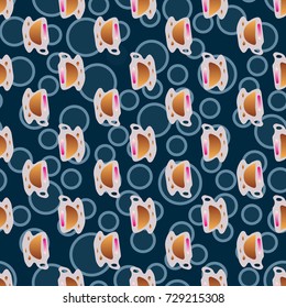 Cup of coffee or tea with dots on background seamless pattern.