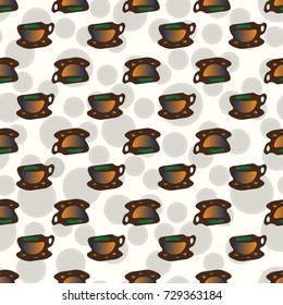 Cup of coffee or tea with dots on background seamless pattern.