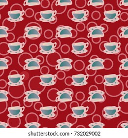 Cup of coffee or tea with dots on background seamless pattern.