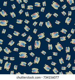 Cup of coffee or tea with dots on background seamless pattern.