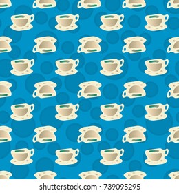Cup of coffee or tea with dots on background seamless pattern.