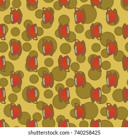 Cup of coffee or tea with dots on background seamless pattern.