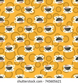 Cup of coffee or tea with dots on background seamless pattern.
