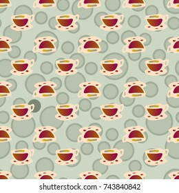 Cup of coffee or tea with dots on background seamless pattern.