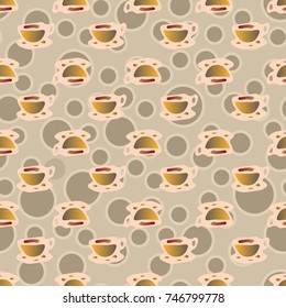 Cup of coffee or tea with dots on background seamless pattern.