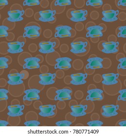 Cup of coffee or tea with dots on background seamless pattern.